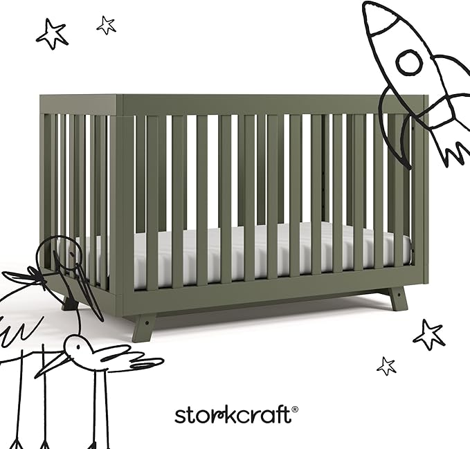 Storkcraft Beckett 3-in-1 Convertible Crib (Olive) – GREENGUARD Gold Certified, Fits Standard Crib Mattress, Converts to Toddler Bed and Daybed, 4 Adjustable Mattress Heights, Grow-with-Me Design