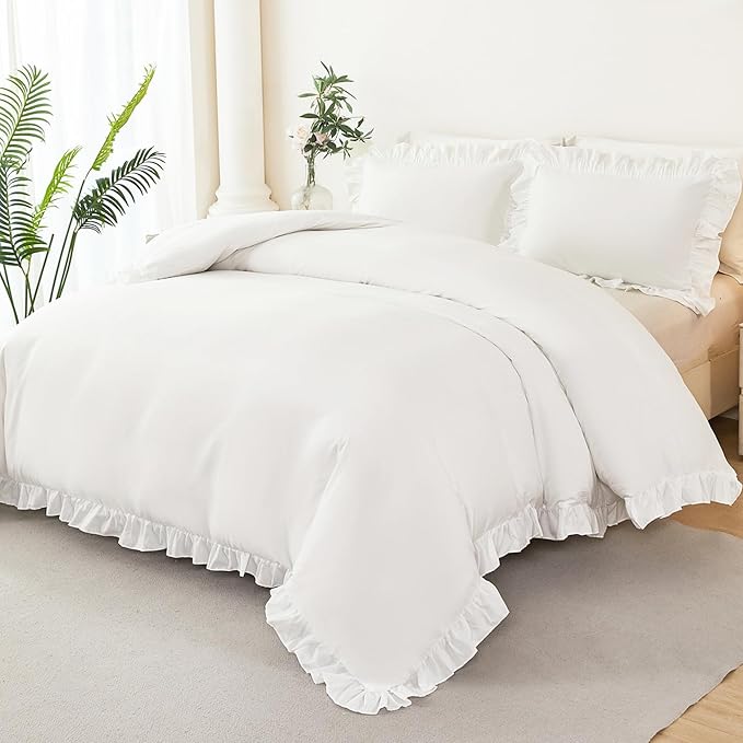 Twin Size Kids Duvet Covet Set White Ruffle Comforter Cover for Girls Teens 3 Pieces Fluffy Farmhouse Bedding Cover Set with Ruffled Layer for All Seasons(White, Twin)