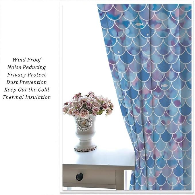 Mermaid Blackout Curtains, Kids Cartoon Blue and Pink Ocean Mermaid Scale Pattern Decoration for Girls Bedroom Nursery Curtains 42x63 Inch