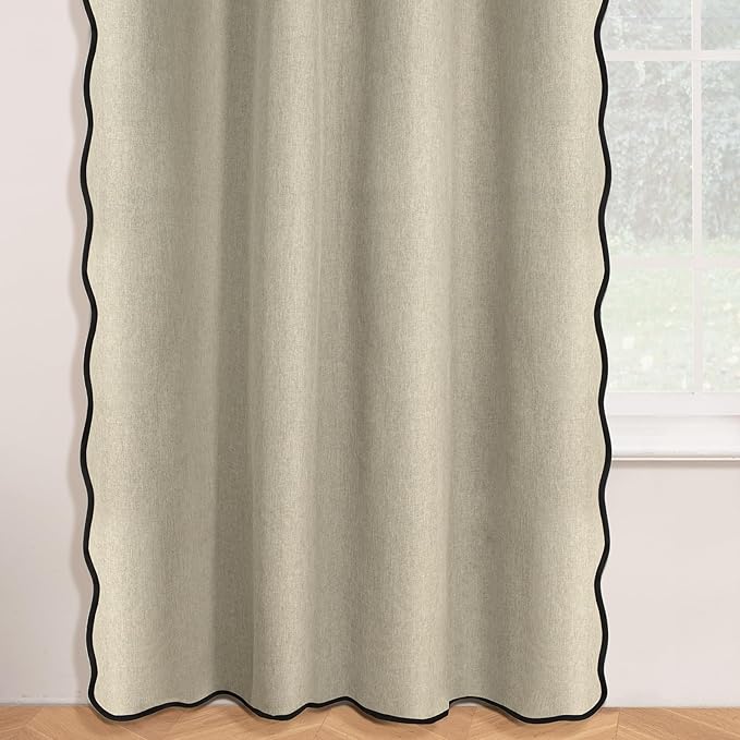 ColorBird Linen Blackout Curtains 84 Inches Long Scalloped Neutral 100% Black Out Winter Thermal Insulated Curtains & Drapes for Living Room Bedroom Dining Room Nursery Window Treatment