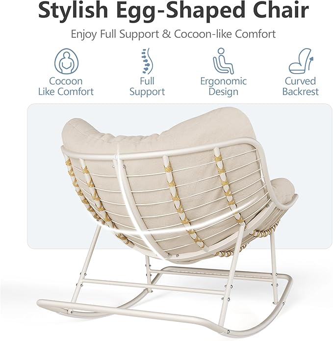 SWITTE Outdoor Papasan Rocking Chair, Oversized Egg Lounge Chair with Thick Cushion, Supports 450 lbs, Comfy Rocker for Patio, Balcony, Porch, or Indoor Living Room-Cream