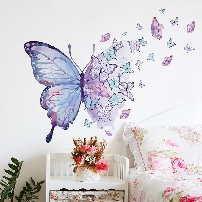 Purple Blue Butterfly Wall Decals Removable Butterfly Flower Wall Stickers Peel and Stick Butterflies Wall Decor Stickers for Kids Girls Bedroom Nursery Bathroom Decorations BR44533