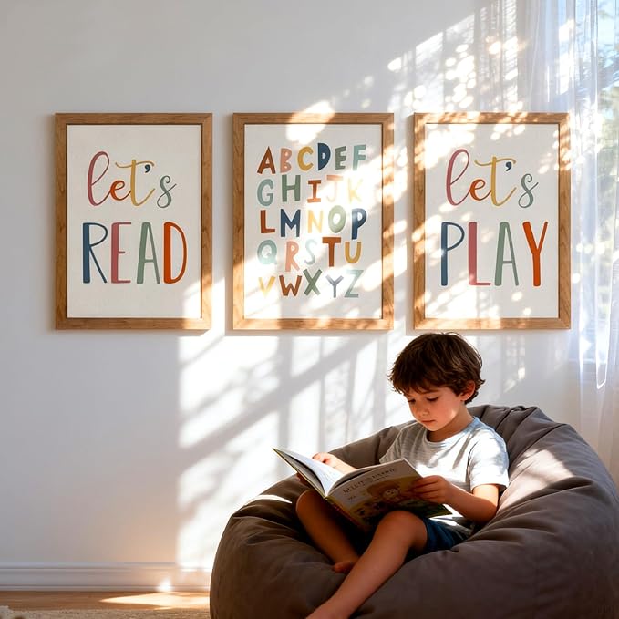 3 PCS Alphabet Framed Playroom Wall Decor,Classroom Must Haves Boho Educational ABC Poster Wooden Sign for Baby Girl Kid Boy Toddlers,Neutral Preschool English Letters Nursery Decor for Homeschool Kindergarten Kids Learning Natural
