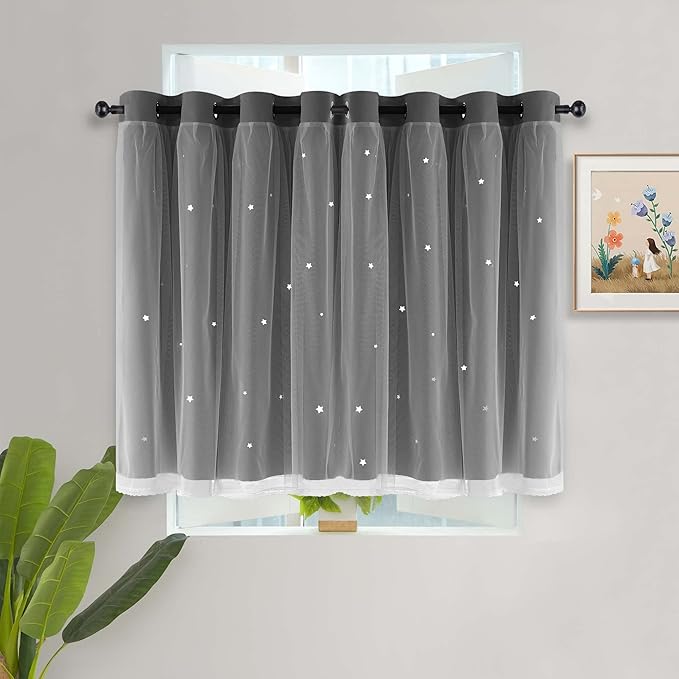Kinryb Kids Blackout Curtains for Bedroom/Living Room/Classroom, Sheer Overlay Small 2 Panel Set, Double Layer Curtains with Star Cutout for Kids Room(W 52 x L 36 Inches,Grey 2 Pcs)