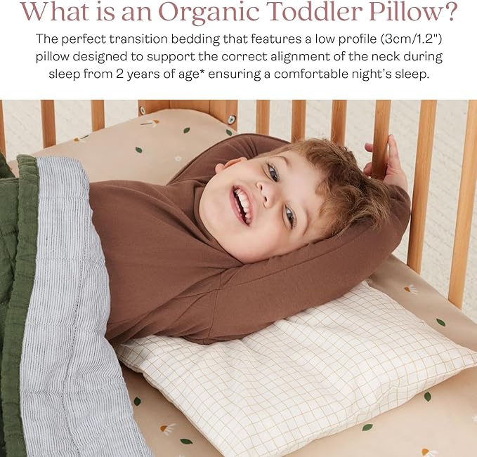 ergoPouch Organic Toddler Pillow and Cover – Low-Profile 1" Design for Proper Neck Alignment, Soft & Durable GOTS-Certified Cotton, Machine Washable, Breathable & Gentle on Skin (Daisies)