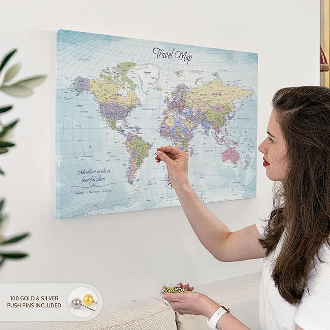ElephantStock - Push Pin Travel Map World I Wall Art - Horizontal Canvas Wall Art - Living Room Wall Decor - Printmaking Map Canvas Art - Blue And Beige Decor - 30" x 20"