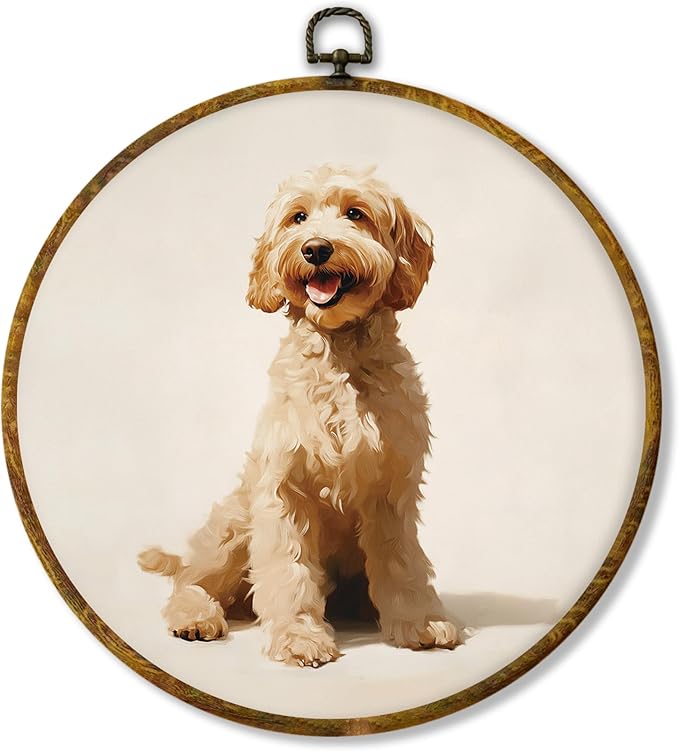 Hiuwevt Vintage Goldendoodle Dog Round Wall Art Decor, Golden Doodle Gifts Framed Canvas Prints, Rustic Neutral Dog Round Wall Hanging Decor for Home Bedroom Living Room Decorations, 10x10 Inches