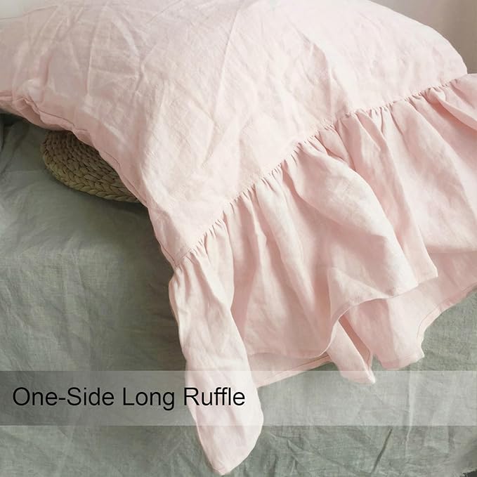 100% French Linen Pillowcase Ruffles Pillow Cover King Queen Twin 1 pcs (Queen, Pink)