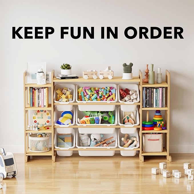 SpaceAid Large Toy Storage Organizer 9 Shelves 9 Bins, Toy Organizers Storage Bookshelf, Kids Bin Shelf Toys Box Bookcase for Bedroom Playroom Organization Room Decor, White