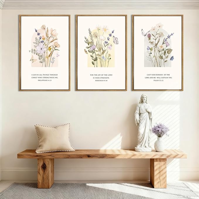 IARTTOP Extra Large Christian Bible Verse Scripture Wall Art Framed 24x36 Inches Set of 3 Minimalist Botanical Floral Religious Farmhouse Canvas Wall Decor for Church Living room Dining room
