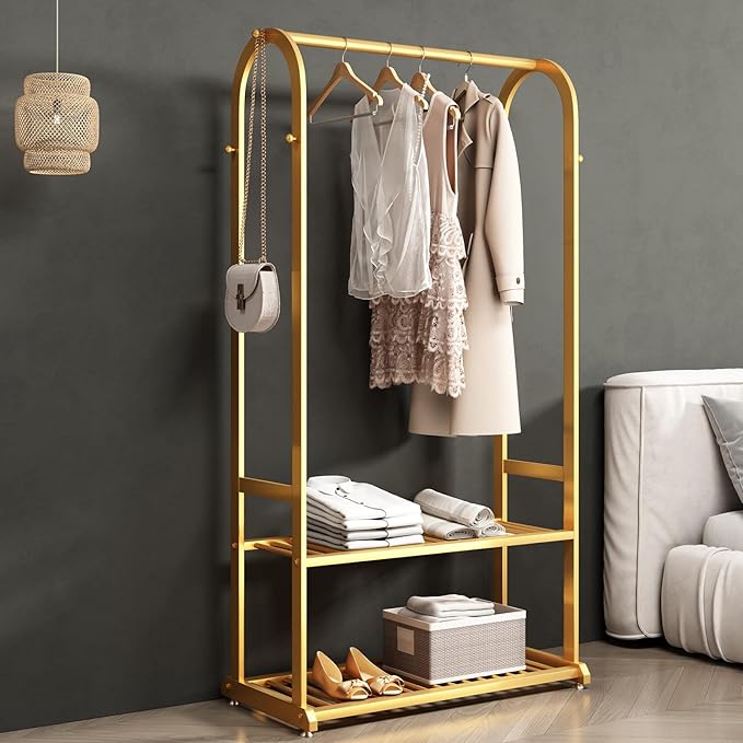 Gold clothing rack,Heavy duty clothes rack with bottom shelves and 6 side hooks,Wardrobe rack for bedroom,Metal garment rack for hanging clothes,Coats,Shirts(L:31.5in)