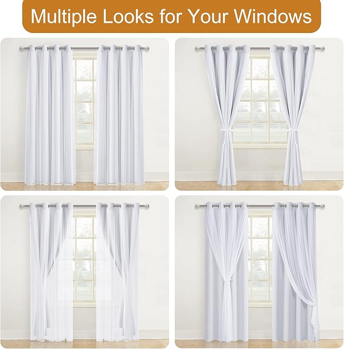 DWCN White Blackout Curtains with Sheer Overlay Thermal Insulated Mix & Match Double Layer Window Panels for Bedroom Living Room Drape Sewn with Tiebacks Grommet Top 52" Wx63 Lx2