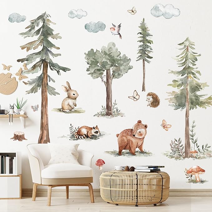 Large Forest Cute Animals Wall Decals - Woodland Pine Tree with Rabbits Birds Peel and Stick Wall Art for Kids Room Nursery Bedroom Living Room Decor