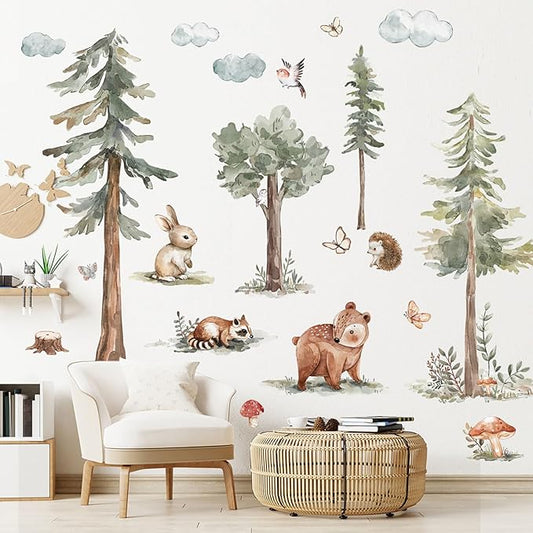 Large Forest Cute Animals Wall Decals - Woodland Pine Tree with Rabbits Birds Peel and Stick Wall Art for Kids Room Nursery Bedroom Living Room Decor