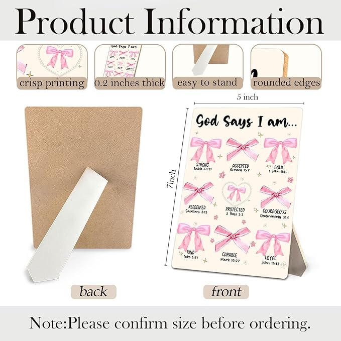 God Says I Am Christian Sign, Coquette Pink Bow Bible Verse Wooden Stand Sign 5x7 Inch, Preppy Religious Decorations for Girls Bedroom Dorm Home Prayer Room Desk Table Decor