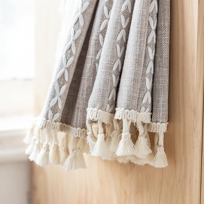 Deeprove Boho Curtain 84 Inches Length for Bedroom, Cotton Linen Weighted Taupe Stripes Embroidery, Semi Blackout Bohemian Retro Window Treatment Drape Tassels 1 Panel W52 x L84 Natural