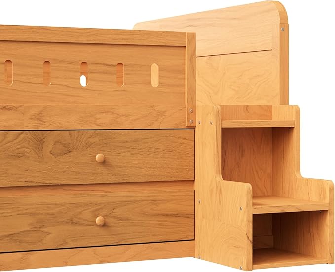 Full Size Platform Bed with Guardrail and 4 Drawers, Wooden Kids Platform Bed Frame with Two-Step Staircases and Light Strip for Boys Girls, Sturdy Slats Support (Wood-11A)