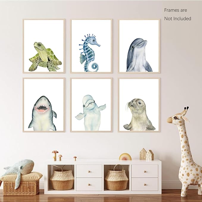 Wodkwq Nursery Wall Art Sea Animal Canvas Prints Baby Girl Boy Room Decor Watercolor Paintings Pictures Cute Ocean Theme Toddler Room Decoration Set of 6 for Kids Bedroom Bathroom 12x16in Unframed