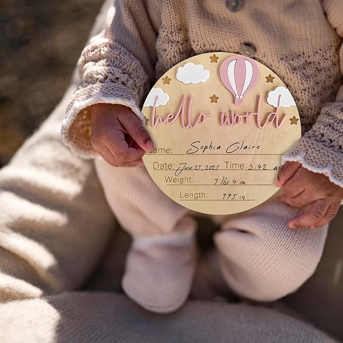 Hello World Newborn Sign - 5.9” Round Wooden Baby Announcement Sign with 3D Hot Air Balloon, Clouds & Stars - Keepsake Birth Gift for Baby Girl’s First Day, Hospital, Shower, or Nursery Décor (Pink)