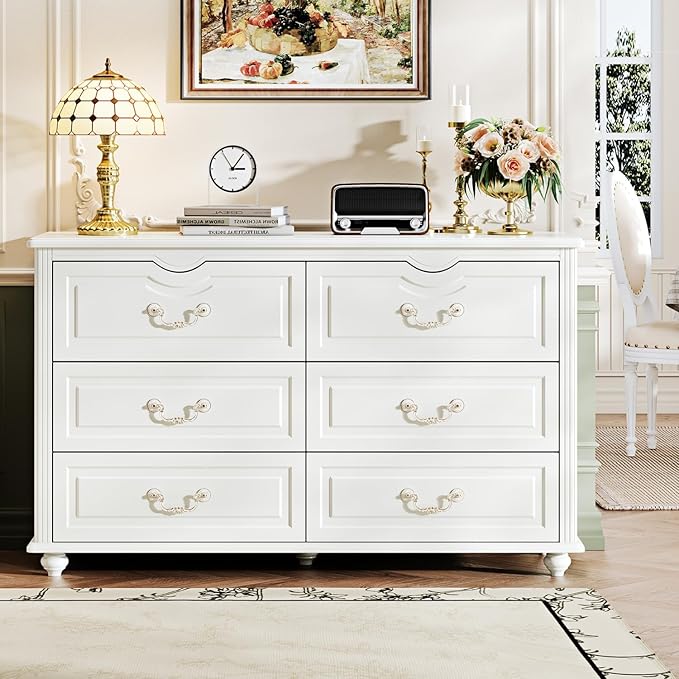 Modern 6 Drawers Dresser Chests for Bedroom,TV Stand,47.2 Wide Chest of Drawers with Handle,Clothes Organizer,Large Storage Cabinet for Living Room,Hallway,with Anti-Tipping Device,White
