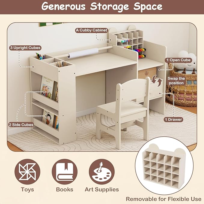 Costzon Kids Desk and Chair Set, Art Activity Desk Set with Detachable Paper Roll Holder, Cubby Cabinet, and Multiple Storage Space, 2-in-1 Toddler Table and Chair for Painting, Studying (Beige)