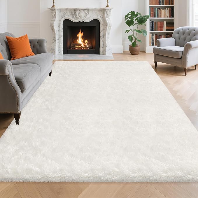 Fluffy White Area Rug for Living Room Bedroom Large Plush Area Rug 6x9 Shag Carpet for Kids Girls Boys Room, Soft White Fuzzy Rug for Nursery Playroom Dorm Bedside Home Decor Indoor