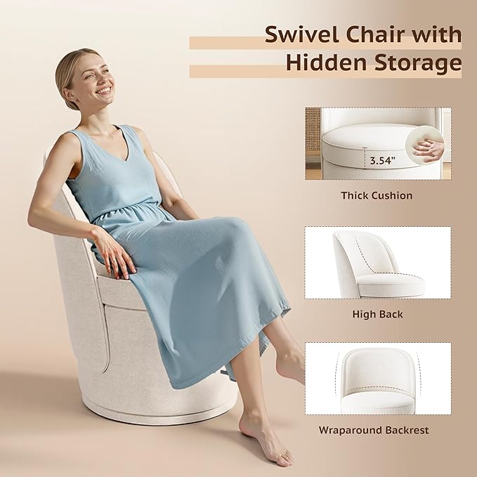 Swivel Accent Chair, 360° Swivel Chair with Hidden Storage, Modern Small Barrel Swivel Armchair for Living Room/Bedroom, Beige