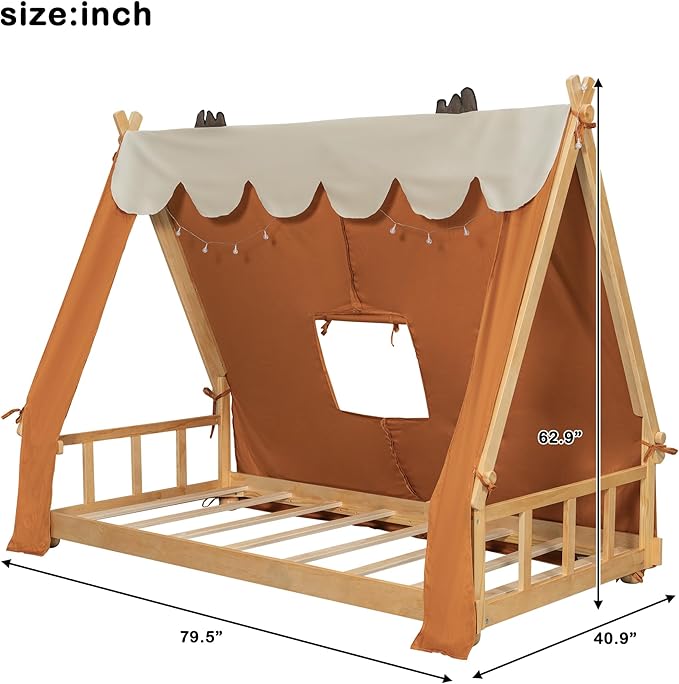Twin House Bed for Kids with Light and Tent, Montessori Floor Bed Twin for Kids Girls Boys Teens Bedroom, Brown