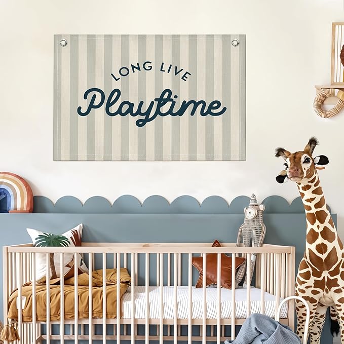 Lacama Playroom Decor, Play Room Wall Decor, Long Live Playtime Linen Banner Wall Hanging, Boho Beige Banner Flag Decor for Nursery Boys Room 30x20 Inch