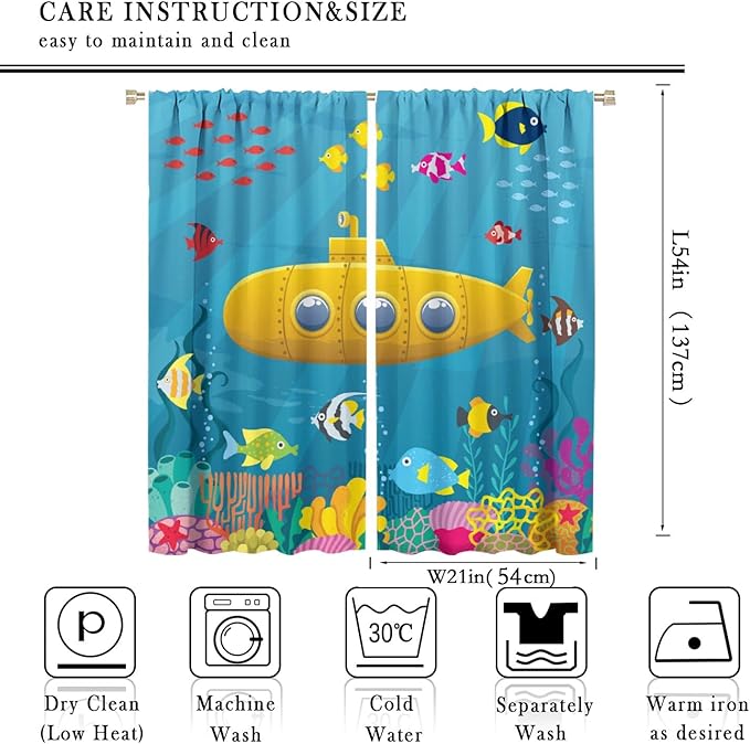 Boy Window Curtains Submarine Window Drapes Yacht Window Treatments Underwater World Oasis Thermal Drapes for Kids Girls Toddler Teens Room Dorm Decor Set 2 Panels,42x54 Inches