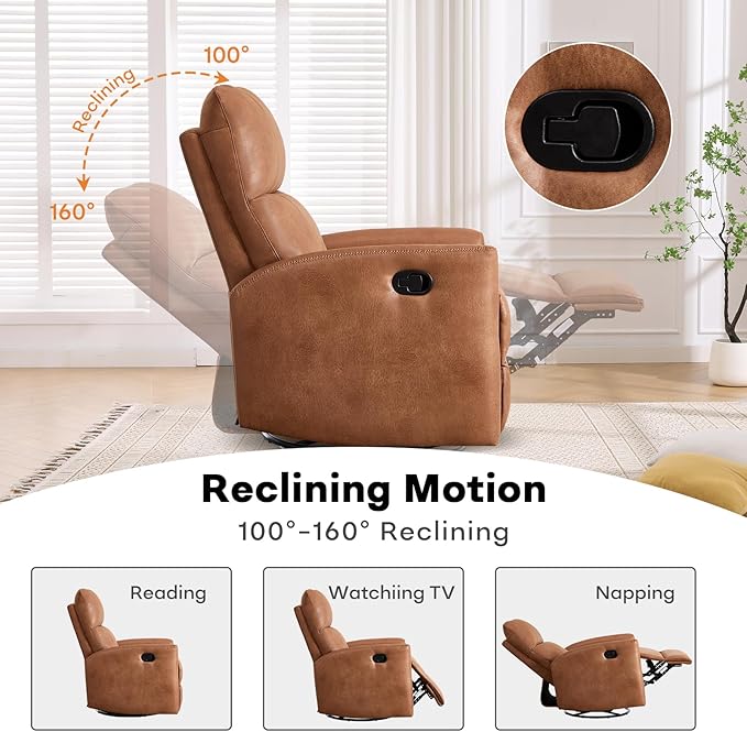 Swivel Rocker Recliner Chair, Manual Faux Leather Glider Rocking Recliners for Adults, 360° Swivel Nursery Reclining Sofa with Padded Backrest for Living Room, Dark Brown