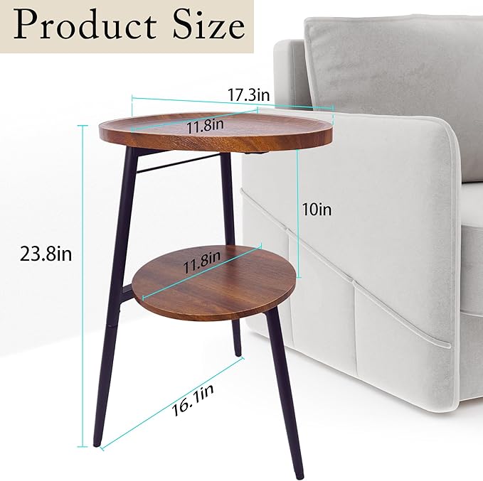 Side Table Small End Table, Oval Round Wood Sofa Table, 2 Tier Accent Table Nightstand Bedside Table with Metal Frame for Living Room, Bedroom, Small Spaces (Rustic Brown)