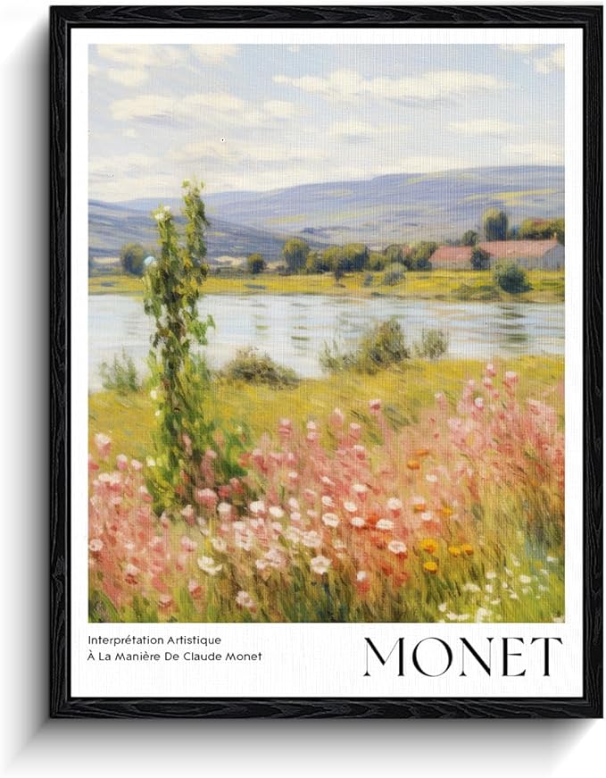 Impressionist Landscape Wall Art, riverside wildflowers scene, impressionist wall decor, matte finish framed canvas print, museum art poster artwork, for living room art lover gift, 12x15 inch