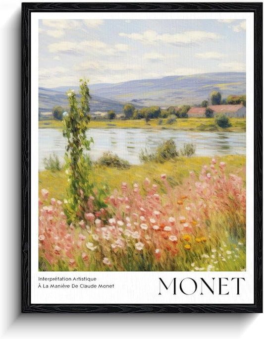Impressionist Landscape Wall Art, riverside wildflowers scene, impressionist wall decor, matte finish framed canvas print, museum art poster artwork, for living room art lover gift, 12x15 inch