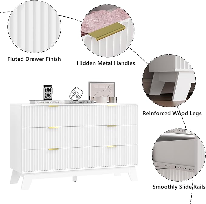 6 Drawer Dresser for Bedroom, Fluted White Dresser Chest of Drawers with Gold Handle, Mid Century Modern Dressers for Closet, Bedroom Chest Storage Organizer for Living Room, Hallway