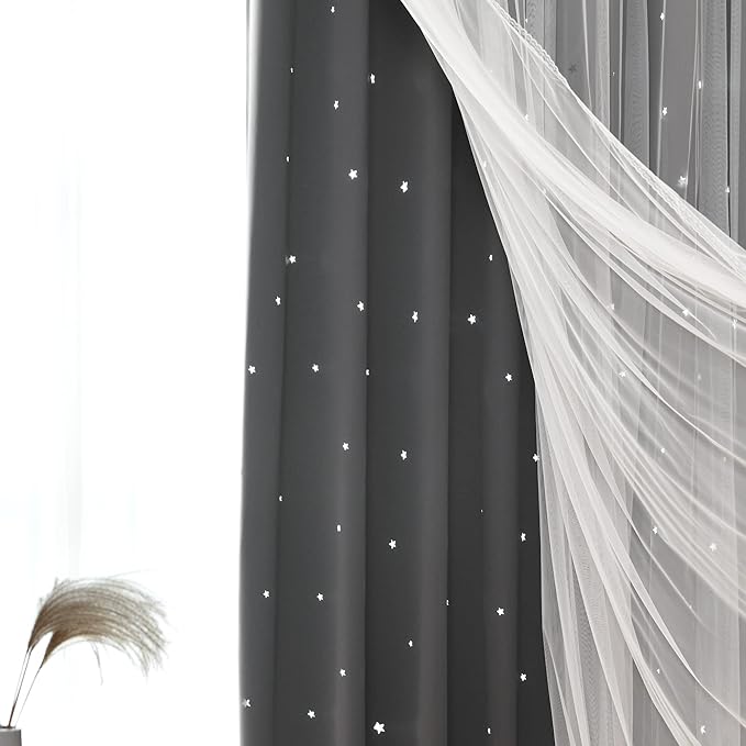 Kinryb Grey Star Curtains for Bedroom Star Hollow Out Blackout Curtains for Kids Room Decor Double Layer Cut Out Window 2 Panel with Tiebacks 52W x 84L Grey