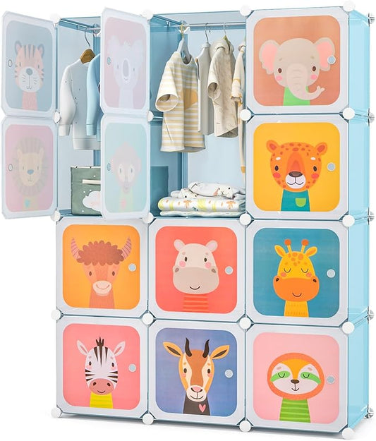 Costzon Kids Closet, Cartoon DIY Modular Dresser Storage Organizer with 12 Cubes & 2 Clothes Hanging Rack, Portable Armoire for Baby Toddlers, Kids Wardrobe for Bedroom Nursery (Blue)