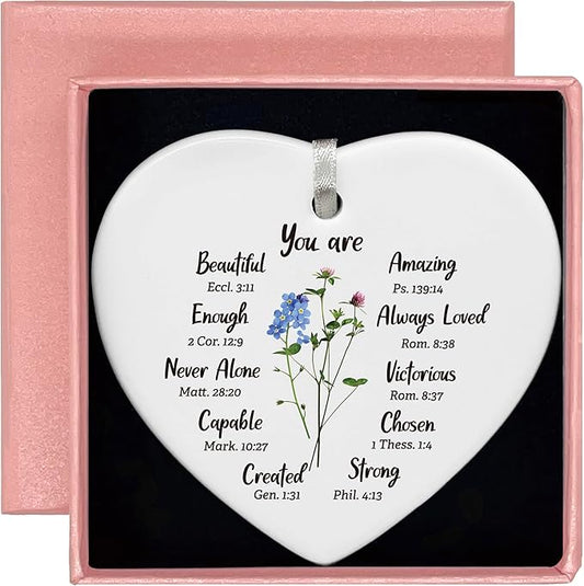Heart Shaped Christmas Ornament-Christian Scripture Bible Verse Gift-Affirmation Inspirational Reminder for Women Girls-Mother's Day Birthday Graduation Keepsake
