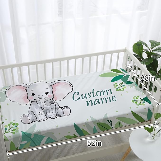 Custom Baby Crib Bedding Set,Personalized Name Green Elephant Theme Nursery Bed Set 4 Piece,Baby Blanket Fitted Sheet Nursery Rug Wall Art Set,Custom Room Decor Idea Gift for Newborns Boys Girls