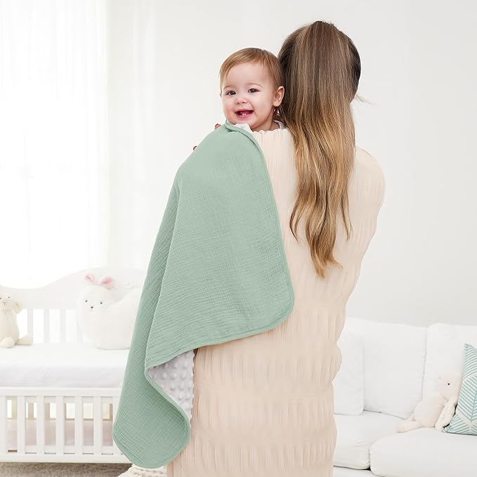 Susurration Baby Blanket for Unisex Boys Girls, Soft Nursery Minky Blanket with Muslin Cotton Front and Dotted Fleece Back, Receiving Blanket for Baby Newborn Infant, 30x40inch (Green)
