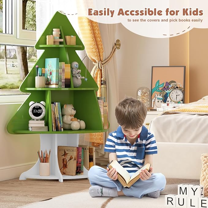 Christmas Tree Shelf Kids Bookshelf Toddler Bookcase 4-Tier Baby Book Rack Children Toy Storage Organizer Wood Display Shelf Nursery Playroom Bedroom Classroom School Homeschooling Boy Girl Gift