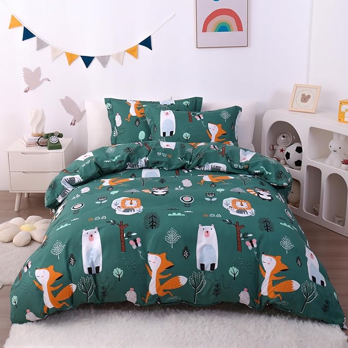 JSD Green Forest Animal Kids Duvet Cover Set Queen Size, 3 Piece Soft Printed Microfiber Comforter Cover with Pillow Sham Zipper Closure, Comforter Not Included