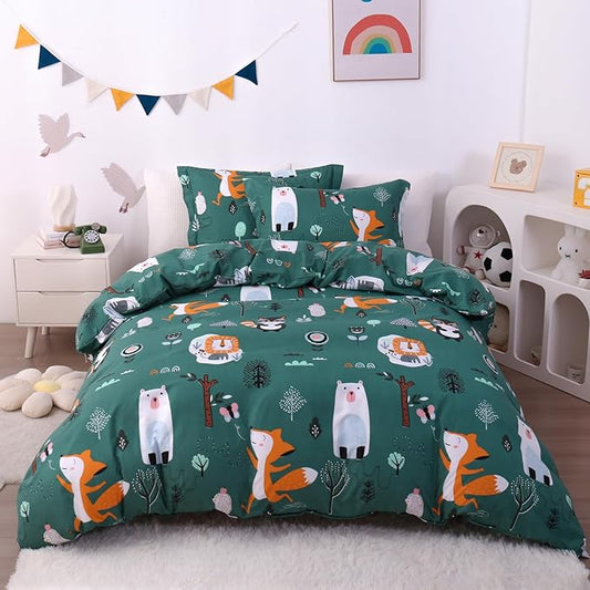 JSD Green Forest Animal Kids Duvet Cover Set Queen Size, 3 Piece Soft Printed Microfiber Comforter Cover with Pillow Sham Zipper Closure, Comforter Not Included