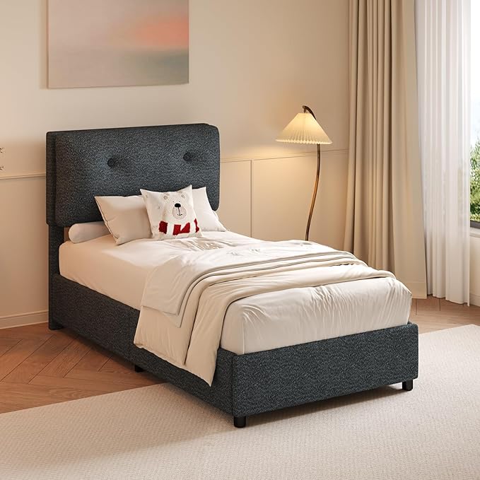 Twin Bed Frames,Breathable Boucle Fabric Upholstered Bed Frame Twin with Headboard,Removable and Washable,Wood Slat Support,No Box Spring Needed,Easy Assembly,Cama Individual, Dark Grey