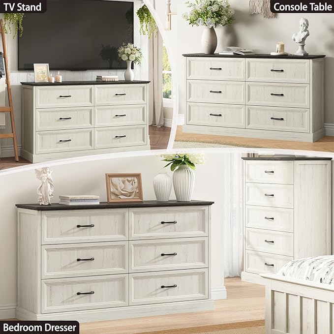 Farmhouse 6 Drawer Dresser for Bedroom, 55 Inch Wide Modern White Dresser TV Stand with Large Drawers & Bar Handles, Rustic Wood Chest of Drawers for Bedroom