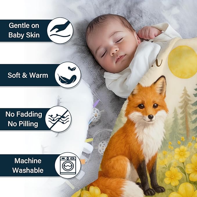 Ship Next Day Personalized Baby Blanket for Kids, Custom Baby Blanket with Name, Super Soft Flannel Blankets, Custom Fox Animal Blankets Baby Gifts for Christmas.