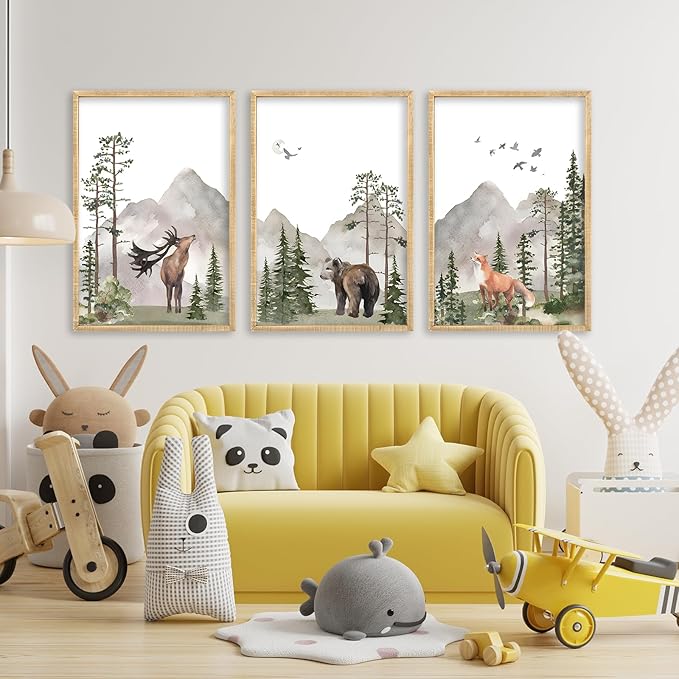 Set Of 3 Wild Woodland Nursery Animals Wall Art Decor 16x24 Inch Nursery Foggy Forest Deer Bear Fox Posters Wood Framed Sign Modren Children's Boys Girls Room Watercolor Prints Hang (Wood)