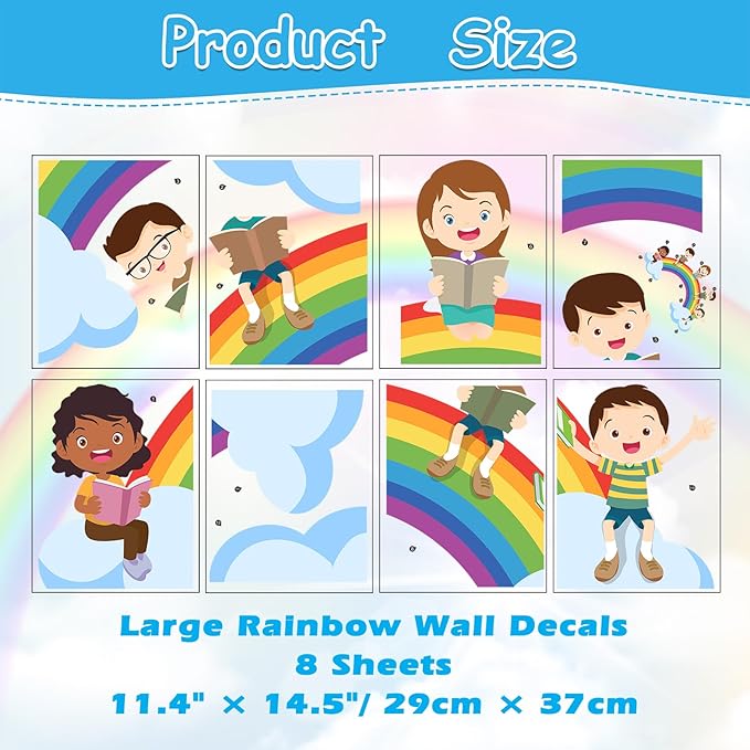 Kids Wall Decals Large Rainbow Wall Stickers for Nursery, Educational Reading Corner Decor Posters Cloudy Rainbow Student Reading Wall Art Murals for Kids Room Playroom Classroom
