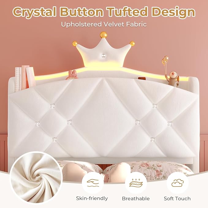 MSmask Twin Bed Frame with LED Lights, Princess Upholstered Bed with Headboard with Charging Station & Crystal Button & Crown, Velvet Platform Bed for Girls, Solid Wood Slats, Curved Legs, White