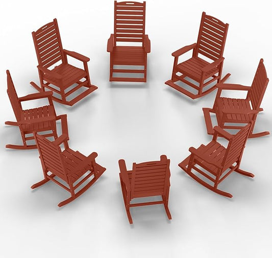 Outdoor Rocking Chair Set of 8 with Removable Footboard for Adults, HDPE High Back Patio Rocking Chairs, 330lbs All Weather Porch Rocking Chairs for Outdoor & Indoor -Reddish Brown